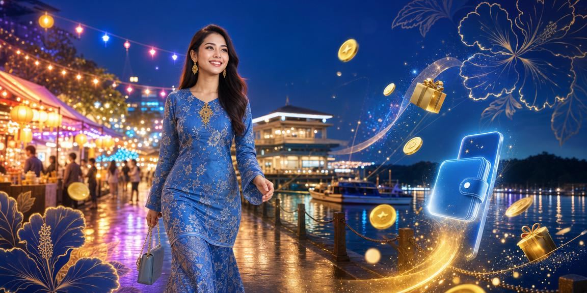 Wanita Malaysia berbaju kurung menggunakan platform king368 untuk aktiviti hiburan dalam talian